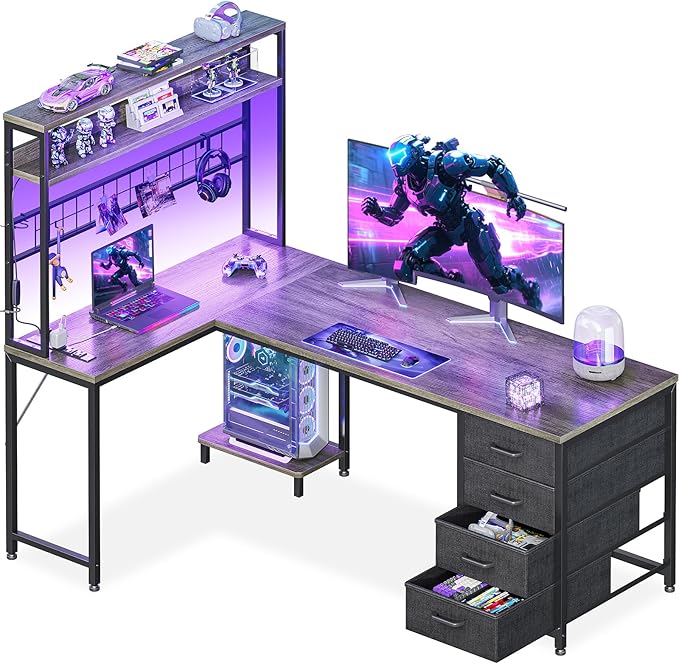AODK L Shaped Gaming Desk with Hutch 59 Computer Desk with 4 Drawers &amp Storage Shelves Reversible Corner Desk with LED Light &amp Power Outlets Gamer Table for for Home Office Gray Oak