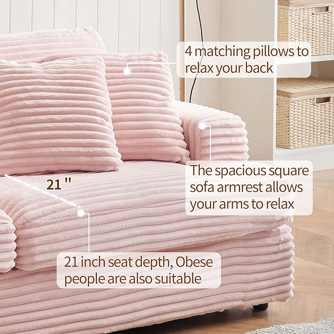 Modern Cloud Couch 3-Seater with 4 Matching Toss Pillows 88.58 Soft Corduroy Sofa with Deep Seat for Small Spaces Living Room Apartment (Pink)