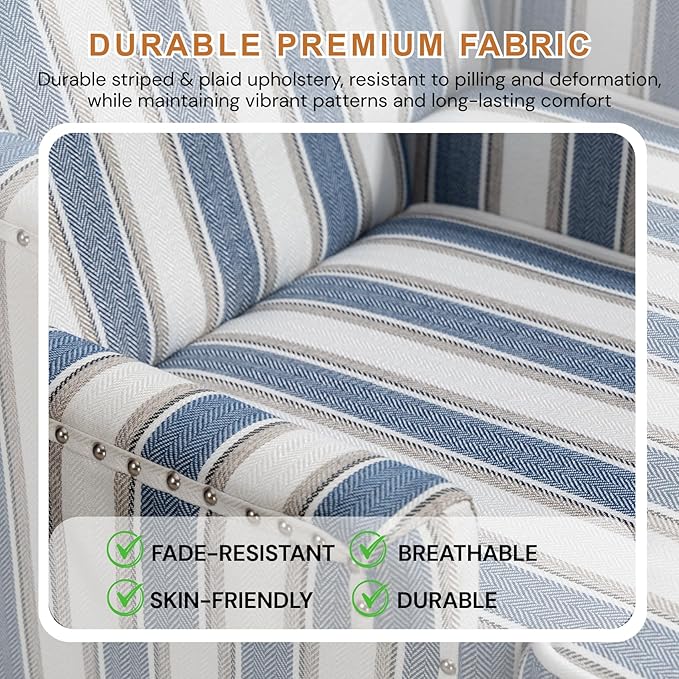 Coastal Style Stripe Accent Chair Mid-Century Upholstered Armchair Single Sofa with Nailhead Trim Wood Legs for Living Room Patio Blue Stripes.