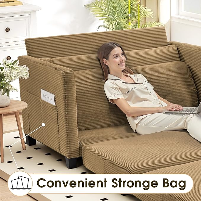 51 Convertible Loveseat Sofa Bed 2-in-1 Folding Sofa Bed with 2 Pillow for Small Spaces Modern Loveseat Sleeper Couch for Apartment Living Room &amp Guest Room (Brown Corduroy 51 inch)