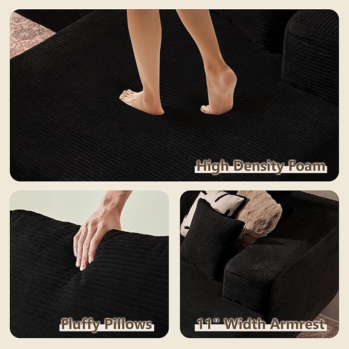 106 Modular Cloud Sectional Sofa Couch - L Shaped Lounge Couches for Living Room with ChaiseMdoren Minimalist Sleeper SofaDeep SeatNo Assembly Required (BlackCorduroy Right Facing Chaise)