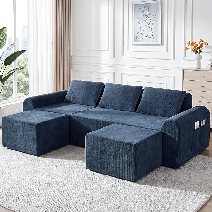 86.6 Modular Sofa Modern Boneless Sectional Sofa with Footstool No Assembly Required Extra-deep Chenille Fabric Seat L-Shaped Chaise Lounge Sofa Suitable for Living Room(Blue)