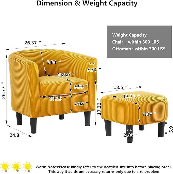 mikibama Accent Chair with OttomanCorduroy Accent Armchair with FootrestModern Mid Century Barrel Chair with Foot StoolSingle Sofa Club Chair for Living RoomBedroomOffice (None Swivel Yellow)