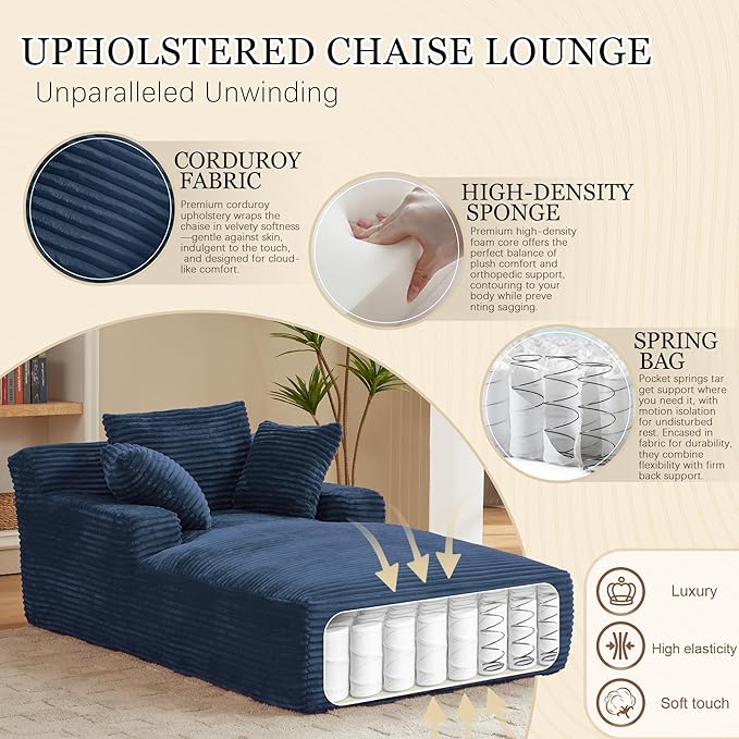 80 Inch Chaise Lounge Chair Indoor Oversized Corduroy Upholstered Boneless Sofa Bed Deep Seat Sleeper Couch Reading Chairs Cloud Sofas Couches for Living Room No Assembly Required (Blue)