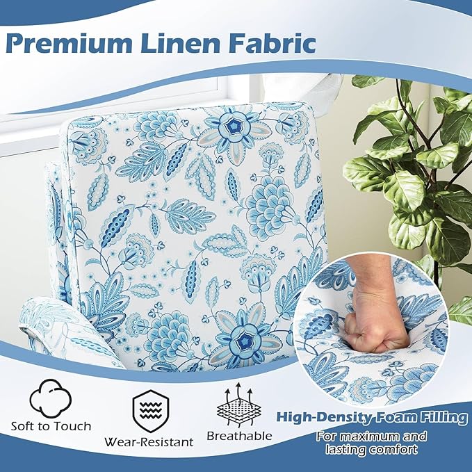 GOFLAME Floral Accent Chairs Set of 2 Comfy Upholstered Armchairs with Rubber Wood Legs and Thick Padded Cushion High Back Single Sofa Chairs Reading Side Chairs for Living Room Bedroom Blue