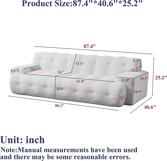 KEIKI 87.4 Cloud Couch Oversized 3 Seat Sofa with Button-Tufted Square Arm Deep Seat Chenille Seat for Living Room Guest Bedroom No Assembly Required White