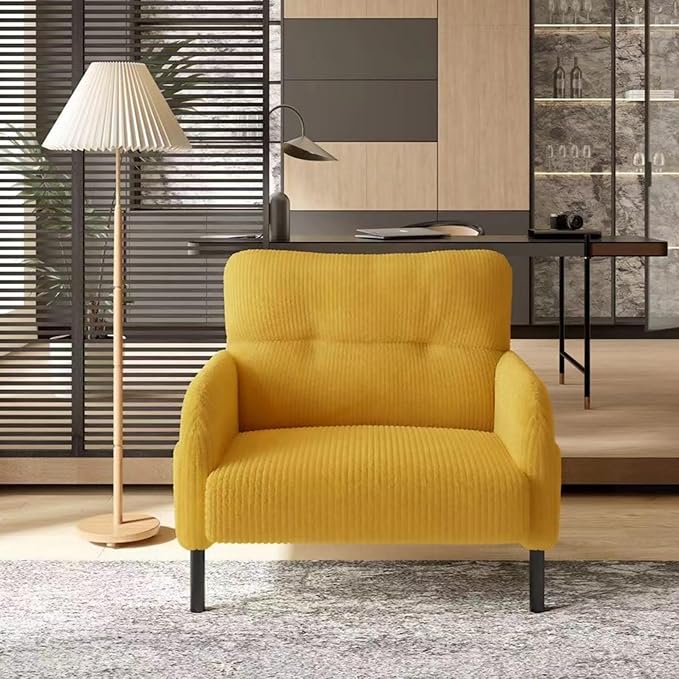 Yellow Accent Chair - Corduroy Living Room Chairs with Side Storage Pockets and Durable Legs Comfy Arm Reading Chair with Soft Backrest for Bedroom Balcony Study Room