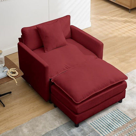 Modern Accent Chair with Ottoman Set for Small Spaces Comfy Polyester Barrel Reading Chair - Ergonomic Design Non-Slip Feet Easy Assembly for Living Room Bedroom Adults (Red)