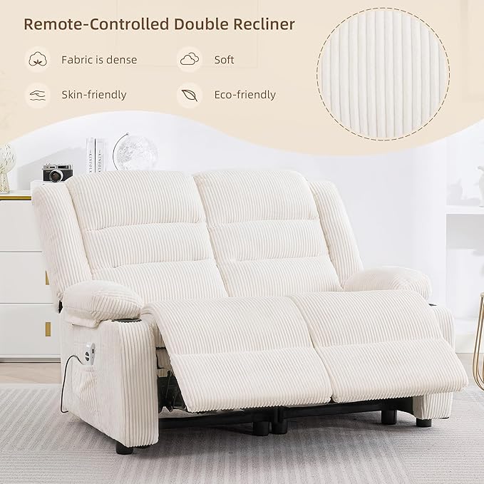 52Inch Power Loveseat ReclinerElectric Reclining Loveseat SofaAdjustable Love seat Recliner Sofa for Living RoomBedroom with Charging Ports(Striped White one seat+loveseat)