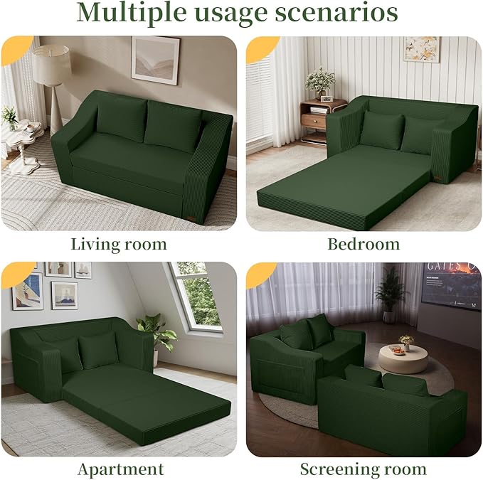 MeMoreCool Convertible Sofa Bed Pull Out Loveseat Sofa Sleeper Couch for Bedroom Living Room Lounge 2 in 1 Small Couch Bed with Pillow Foldable Love Seat Futon Corduroy Green