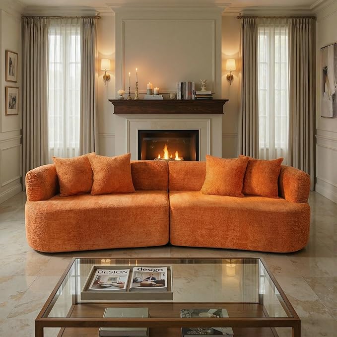 106 Modern Curved Boneless Sectional Couches for Living Room Luxury Chenille Fabric Oversized Modular Cloud Sofa with 4 Pillows Comfy Deep Seat Foam Couch in Box No Assembly (4 Seater Orange)
