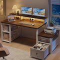 EnHomee 60.4 Computer Desk with Drawer &amp Power Outlet Gaming Desk with LED Light Farmhouse Desk Study Desk with Monitor Stand Home Office Desk Work Desk for Bedroom Study Room White