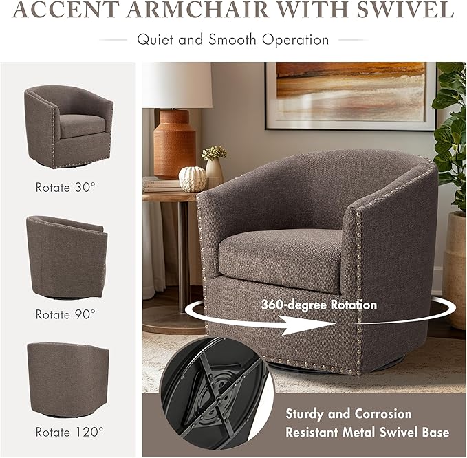 Madison Park Swivel Barrel Accent Chair Upholstered Curved Back with 7-Inch Thick Woven Cushion 360° Swivel Nailhead Trim Comfy Chair for Living Room Bedroom Office 28 Wide Chocolate Tyler