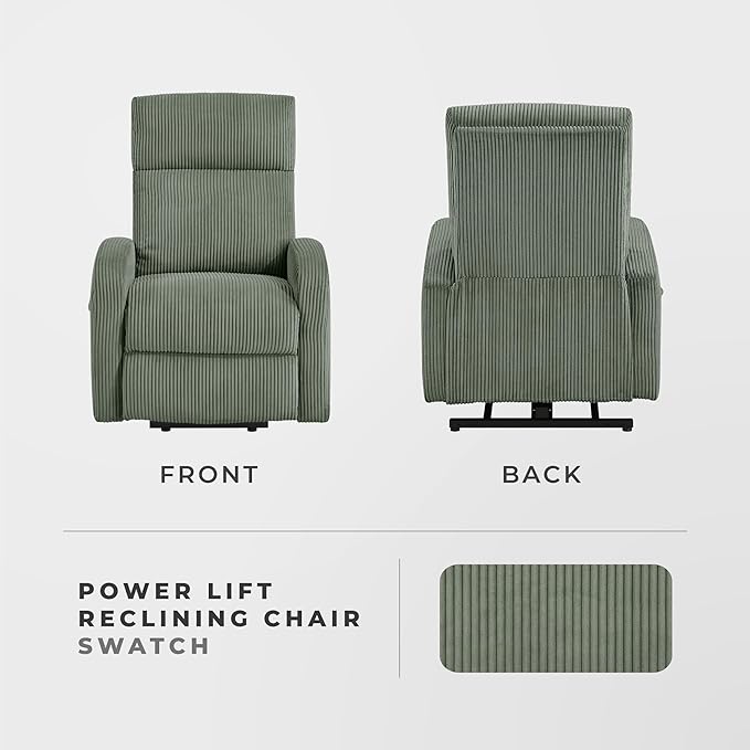 Lexicon Power Lift Recliner Chair for Elderly with Remote Control Gentle Lift Motion Side Pocket Armrest Corduroy Upholstered Electric Recliner for Living Room/Bedroom Easy Assembly Green