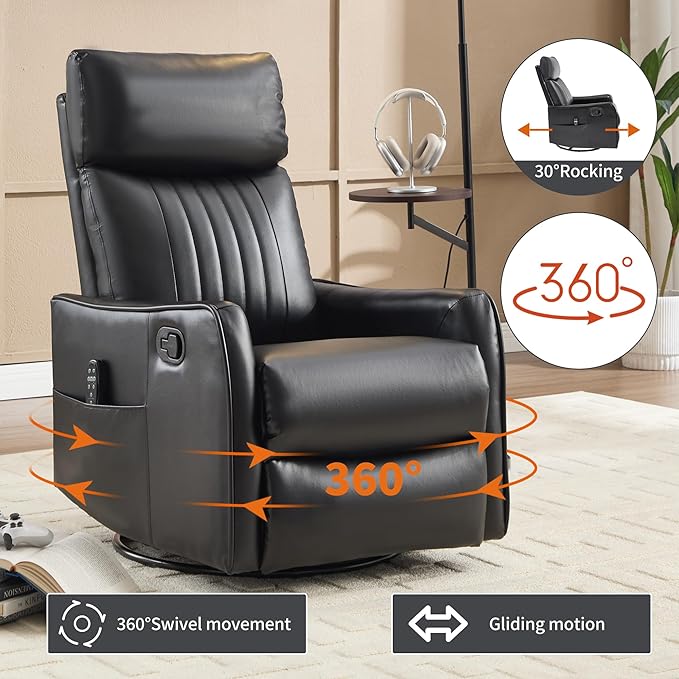 High Back Massage Recliner with Heat - Swivel Rocking Chair for Small Spaces Manual Lazy Boy Recliner for Adults Perfect for Living Room &amp Bedroom Soft Fabric (Black PU)