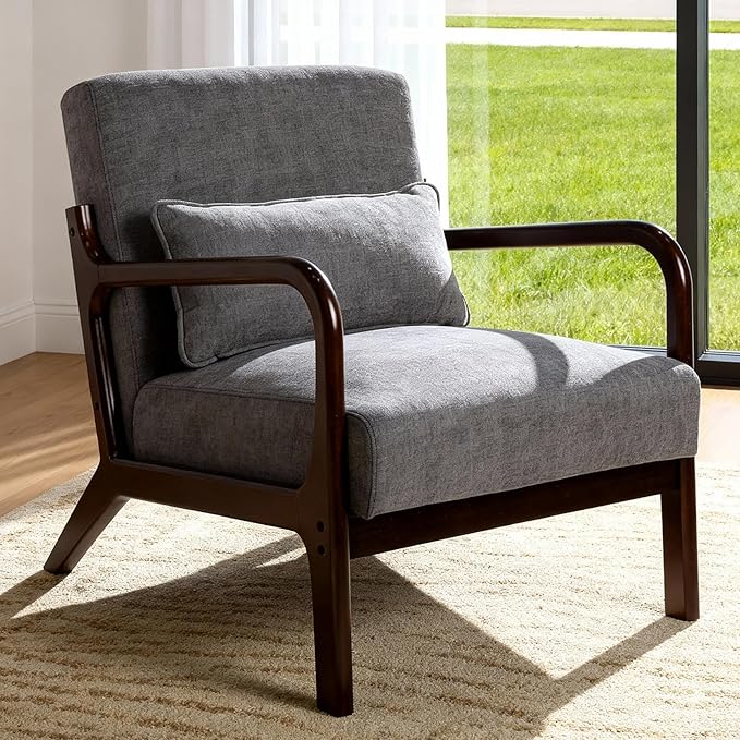 Mid Century Modern Accent Chair with Solid Wood Frame Comfy Reading Lounge Chair with Detachable Lumbar Pillow for Living Room Bedroom Office Vintage Small Wooden Armchair for Waiting Room (Grey)