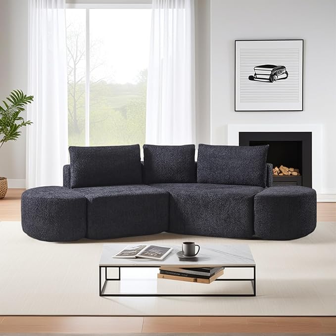 106“ Boneless Chenille V-Shaped Modular Sofa Set Three Throw Pillows 3-Seater Sofa Two Curved Ottomans Combination Couch for Living Rooms (Black 106 Right Chaise)