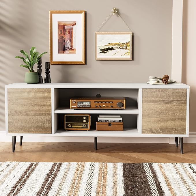 JUMMICO TV Stand for 65 Inch TV Mid Century Modern TV Stand Entertainment Center with Storage Cabinet and Open Shelves TV Console Table Media Cabinet for Living Room and Bedroom (Oak)