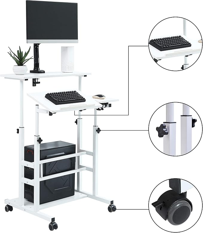 UNICOO Portable Standing Desk on Wheels Height Adjustable Mobile Workstation Versatile Sit-Stand Desk for Home Office (White Frame/White Top)