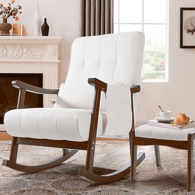 NOBLEMOOD Upholstered Rocking Chair with Ottoman Modern Indoor Nursery Glider Rocker Chair Solid Wood High Back Armchair with Fabric Padded Seat for Living Room Bedroom