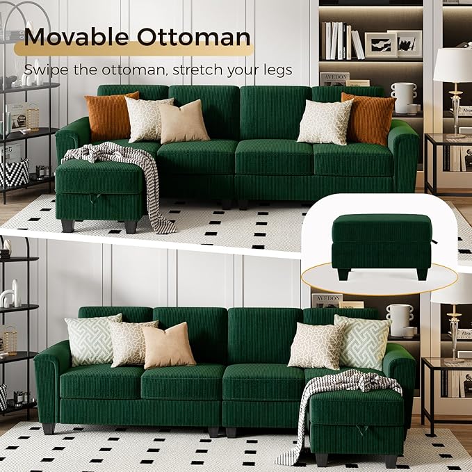 KKL Modular Sectional Sofa Couch for Living Room 106 Inches L Shaped Couch with Storage 5 Seater Corduroy Home Sofas Modern Couches with Chaise for Apartment Sofas para Sala Dark Green