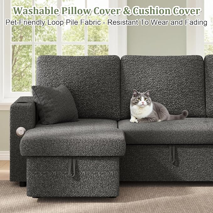 82 Inch L-Shape Sectional Couch 4-in-1 Multifunctional Pull-Out Couch Sleeper Sofa with Storage Chaise Charging Station Cup Holder for Living Room/Office/Apartment (Dark Gray)