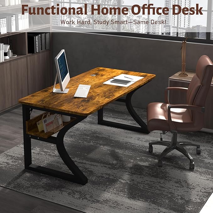 Computer Desk 47 x 23.6 Inch Home Office Desk Large Modern Computer Desks with Storage Shelf Metal Frame Work Study Writing Office Desk with Cable Hole Wide Desk for PC &amp Monitors (Brown 47)