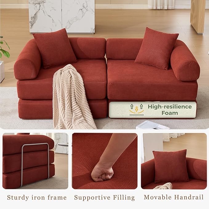 73 Convertible Sleeper Sofa Bed with Fixed-Shape Frame Corduroy Modular Folding Loveseat Couch with 2 Pillows Modern Floor Sofa Couch for Living Room No Assembly Red