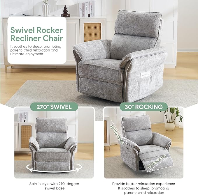 Oversized Power Recliner Chairs for Adults with Massage and Heat Power Swivel Rocker Recliner Chair with Adjustable Headrest 26 Extra Wide Rocker Nursery Recliner with USB Port Light Grey