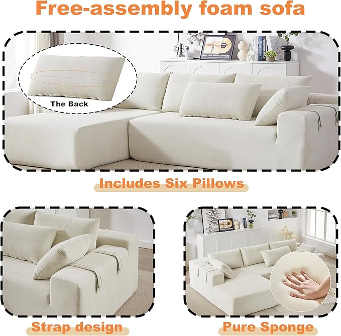 108 Modular Sofa Couch Convertible Sectional Sofa for Living Room Bedroom Modern Chenille Upholstered Sectional Sofa Couch Set L-Shaped Couches with 6 Pillows for Home Office Beige(Right Chaise)