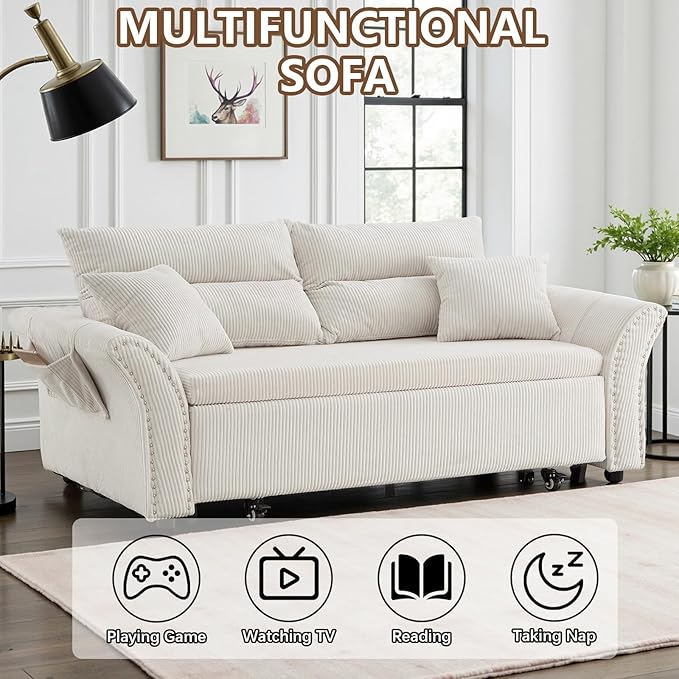 Gexpusm Futon Sofa Bed Queen Size3-in-1 Convertible Sleeper SofaPull Out Bed with Side PocketLoveseat CouchModern Futon Couch for Living RoomSmall SpaceApartmentBedroom (White Corduroy 64) |