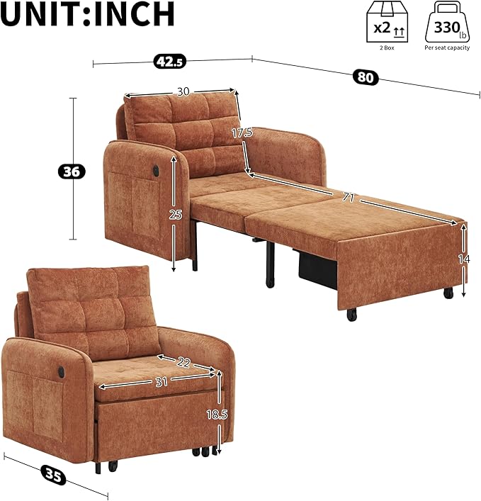 3-in-1 Convertible Sleeper Chair Bed Multi-Functional Chenille Single Sofa Bed with Storage Pockets and Box 80 Extra Long Pull Out Sleeping Lounge Chair for Living Room &amp Apartment (Orange35)