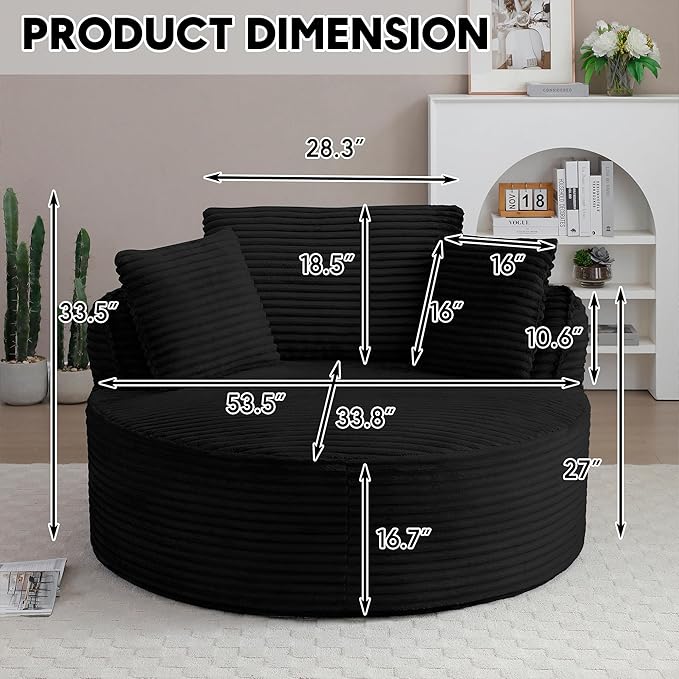 Oversized Round Chair Lounge Chaise Indoor 53.5 Corduroy Boneless Round Chair Fluffy Single Deep Seat Cloud Sofa Chairs Modern Circle Chaise Lounge for Bedroom Living Room Black