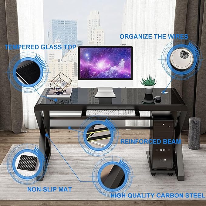 BINGTOO Computer Desk Glass Top Metal Frame 55.1 Home Office Desks &amp Workstation Modern Office Writing Gaming Study Work Glass Computer Table Desk