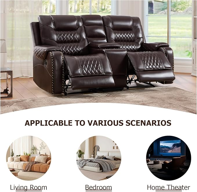 EBELLO Manual Reclining Loveseat Faux Leather Double Recliner Sofa with Center Console Hidden Storage &amp Cup Holders Vintage Rivet Mid-Century Modern Design for Living Room Dark Brown