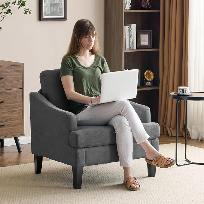 Bezseller Modern Accent Chair Upholstered Reading Armchair with Wood Legs Mid-Century Leisure Comfy Single Sofa Chair for Living Room Bedroom Home Office Dark Grey