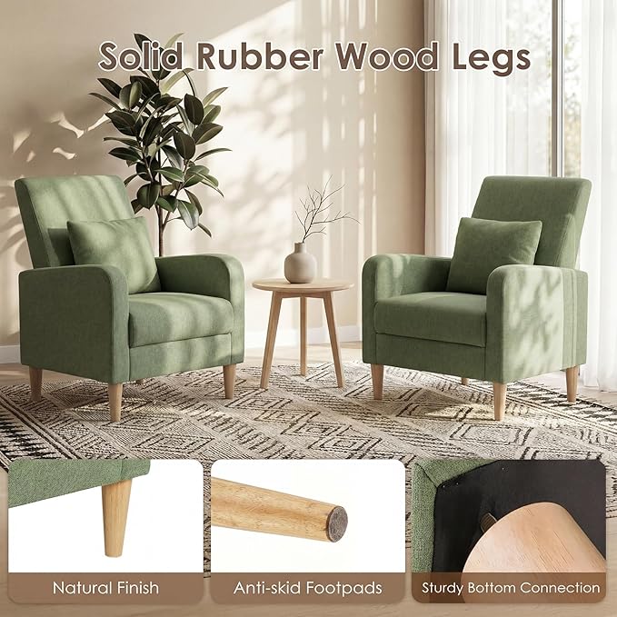 COLAMY Mid-Century Modern Upholstered Accent Chair with Back Pillow &amp Solid Wood Legs Fabric Cozy Armchair for Living Room Bedroom Reading Nook Apartment &amp Small Spaces Green