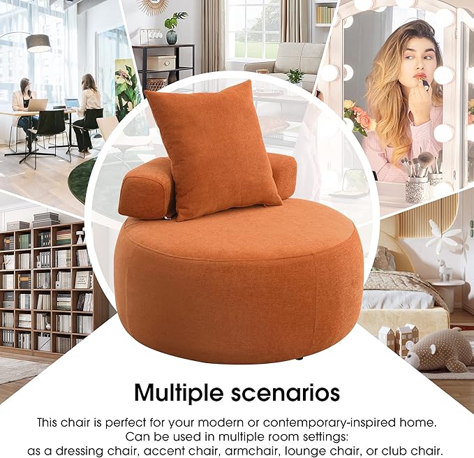 32 Solid Wood Lounge Chair with Pillow Easy to Move Modern Chenille Reading Chair High Stretch Round Sofa for Bedroom Living Room Lounge Hotel 3 Colors