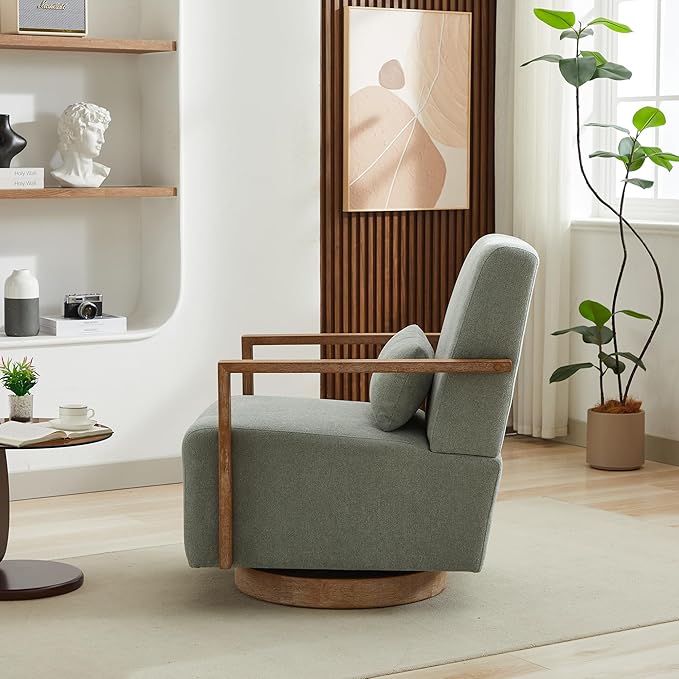 30.3 W Swivel Accent Chair with Solid Wood Armrests Modern Upholstered Armchair with Rubberwood Base 360 Degree Comfy Lounge Reading Chair for Living Room Bedroom or Office (Pale Green)