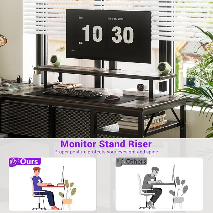 Cyclysio Reversible L Shaped Computer Desk with LED Lights &amp Power Outlets Office Corner Desk with Shelves &amp Monitor Stand Home Office Desk Gaming Table with Unique Grid Design (Grey Oak)