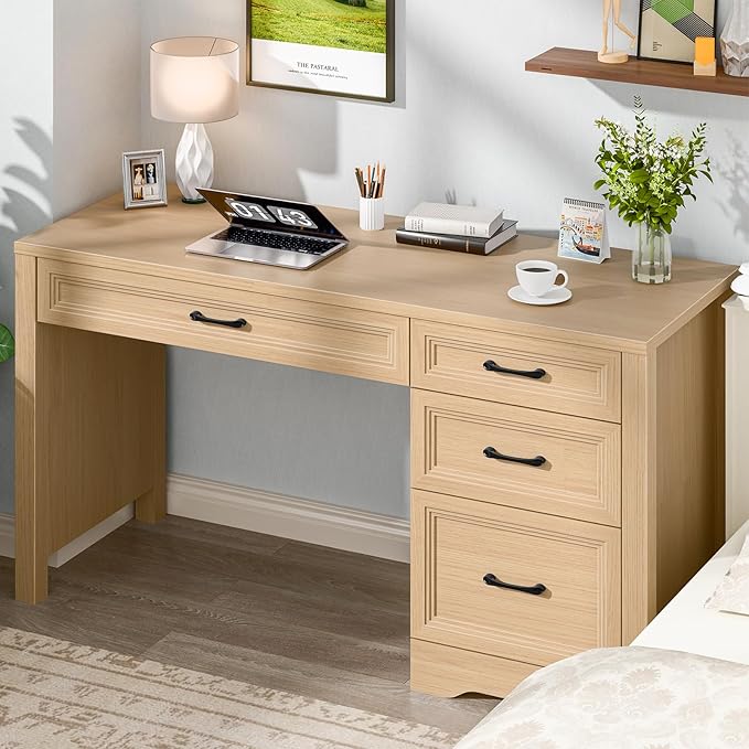 Vabches Farmhouse Executive Desk with Storage and Ample File Drawer Rustic Large Home Writing Desk for Bedroom Natural