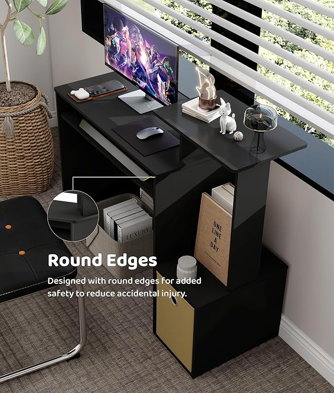 Small Computer Writing Desk with Drawers Home Office Desk with Storage Shelves for Home Office Bedroom Black/Brown