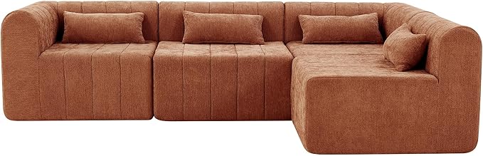 145.5 Inch Modular Full-Compressed Sectional Sofa Polyester Upholstered Modular Sofa with 4 Pieces Compressed Sponge Modular Couch for Living Room (Orange-X200)