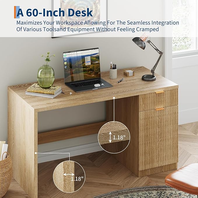 60 Modern Fluted Executive Desk with Storage Cabinet Wood Home Office Desk with Drawers Modern Computer Writing Table for Office Study Room Living Room Bedroom Natural Oak