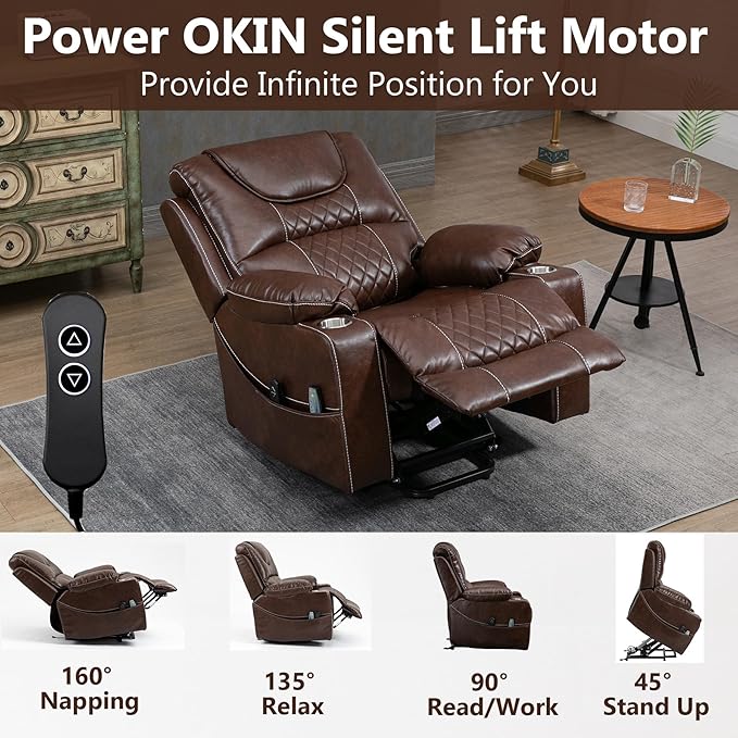 Oversized Power Lift Recliner Chair for Big and Tall 400 LBS Dual Motor Electric Recliner with Heat &amp Massage Zero Gravity Leather Sofa Chair for Living Room Home Theater Brown