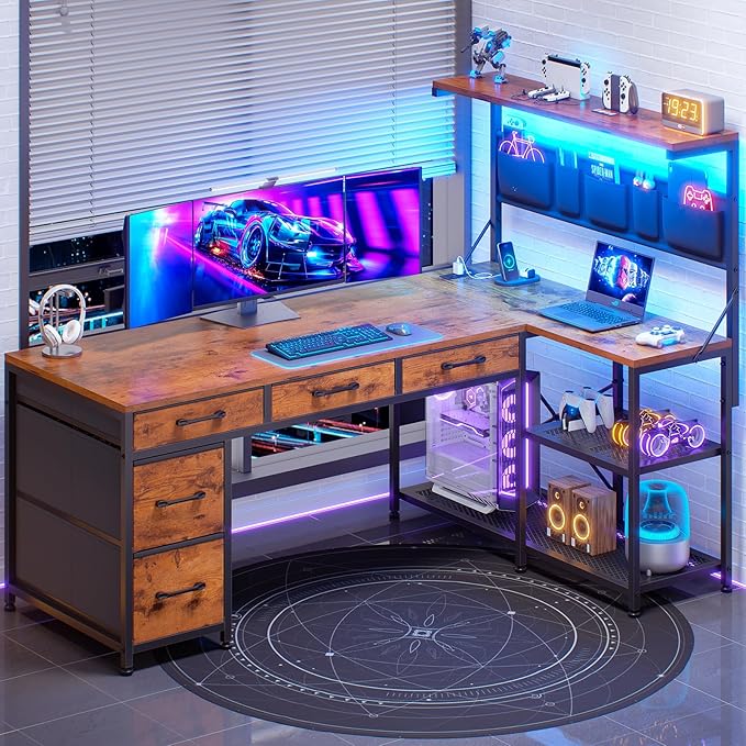 SEDETA L Shaped Desk with Drawers and Hutch 47.2 Reversible Office Computer Desk with 5 Fabric Drawers L Shaped Desk with Storage Shelves Power Outlet and LED Lights for Home Office Rustic Brown