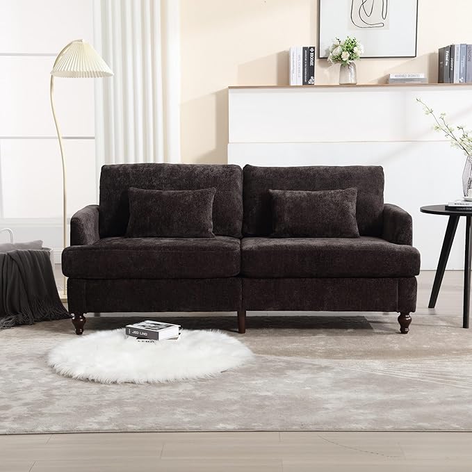 Mid Century Modern Chenille Loveseat Sofa 2-Seat Upholstered Cozy Loveseat Sofa with Pillows for Living Room Comfy Side Reading Lounge Couch for Bedroom Club Office Apartment Black
