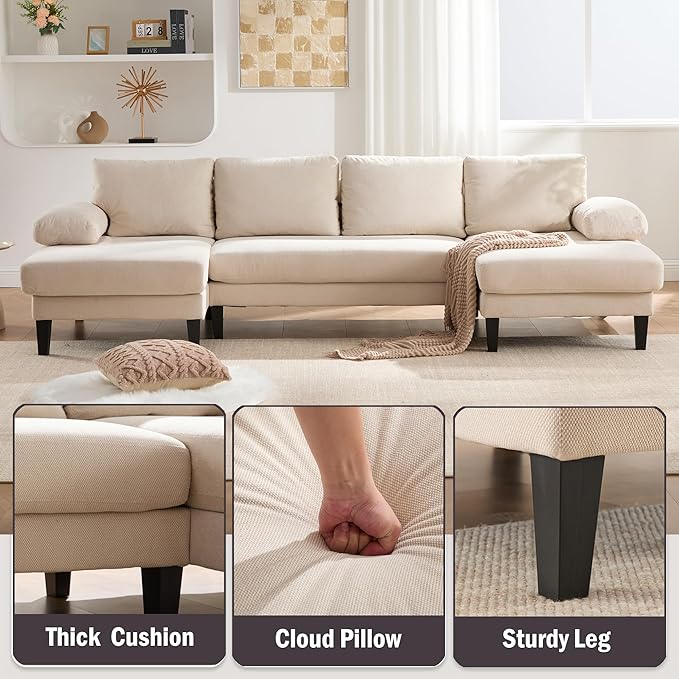 112 U-Shaped Sectional Sofa Couch with Double Chaise - 4-Seat Modular Living Room Furniture Linen Upholstered Design for Apartments/Reception Rooms (Beige)