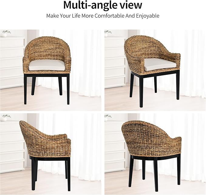 DUHOME Rattan Accent Chair - Modern Armchair with Natural Rattan Armrest Black Solid Wood Legs &amp Inset Beige Cushion Leisure Chair for Balcony Living Room