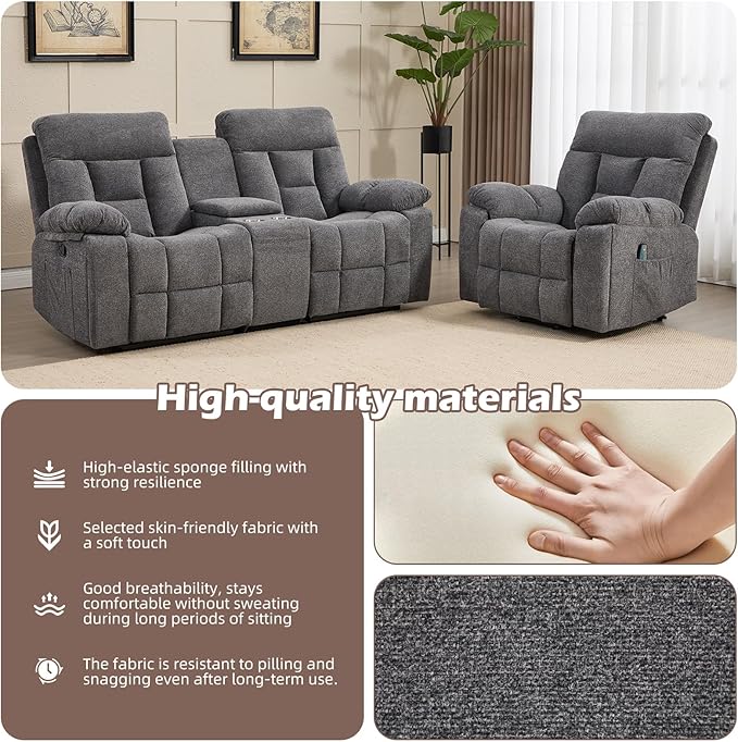 CANMOV Recliner Sofa Set Power Lift Recliner with Massage&ampHeat and Loveseat Set Reclining Sofa with Storage ConsoleHidden Cup Holders for Living Room Grey